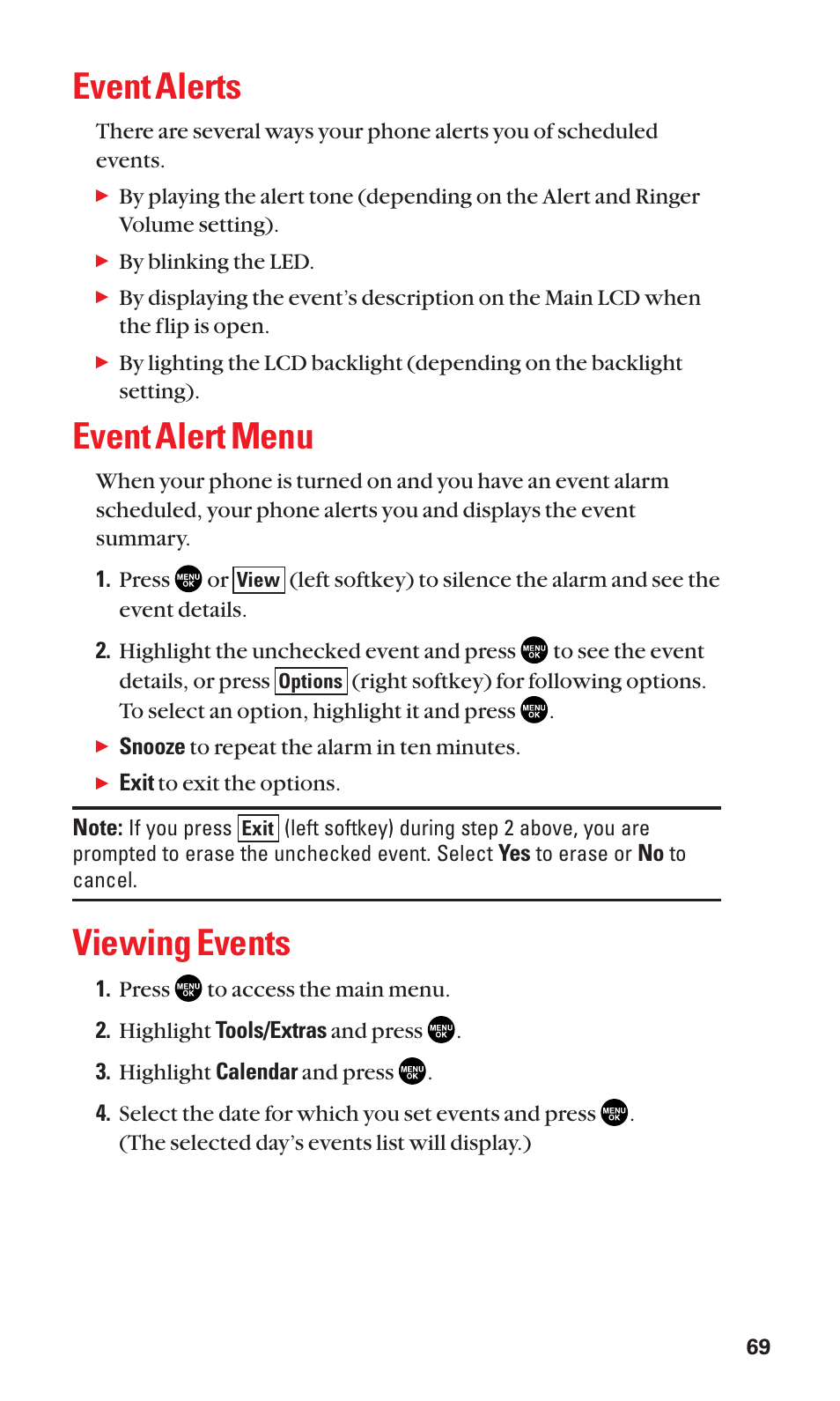 Event alerts, Event alert menu, Viewing events | Sanyo SCP-2300 User Manual | Page 75 / 150
