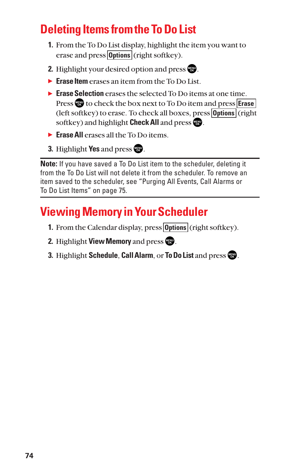 Deleting items from the to do list, Viewing memory in your scheduler | Sanyo SCP-2300 User Manual | Page 80 / 150
