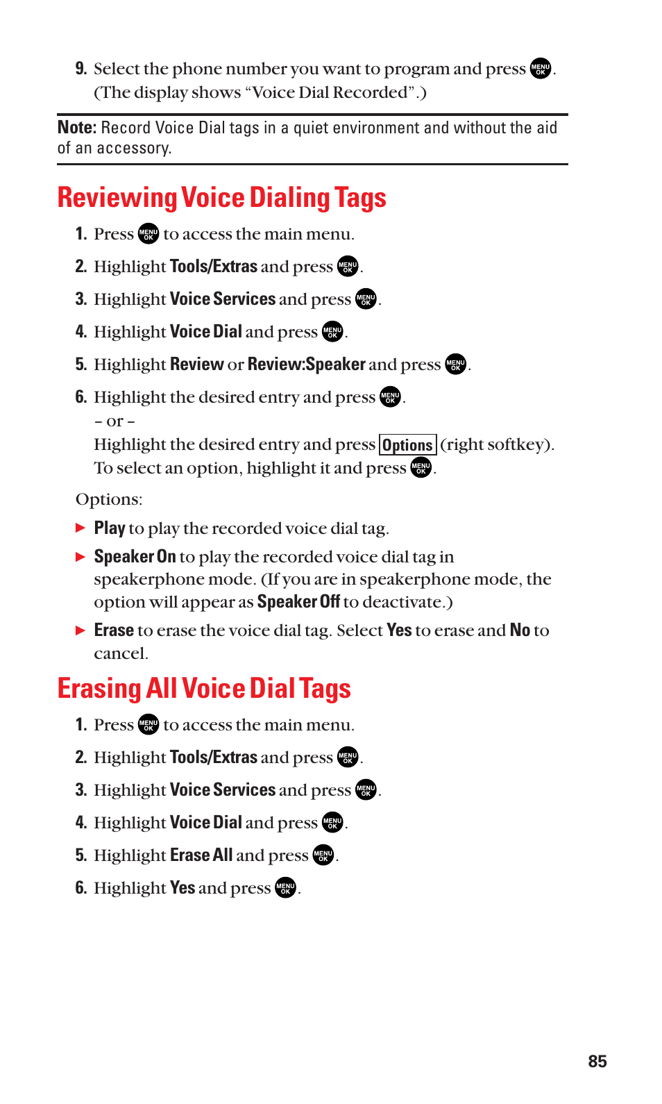 Reviewing voice dialing tags, Erasing all voice dial tags | Sanyo SCP-2300 User Manual | Page 91 / 150
