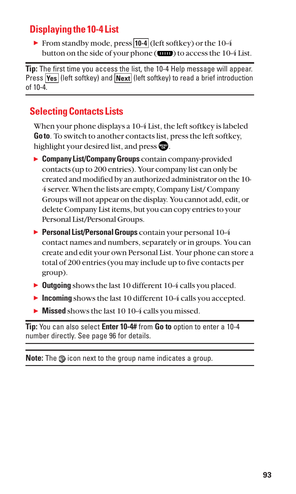 Displaying the 10-4 list, Selecting contacts lists | Sanyo SCP-2300 User Manual | Page 99 / 150