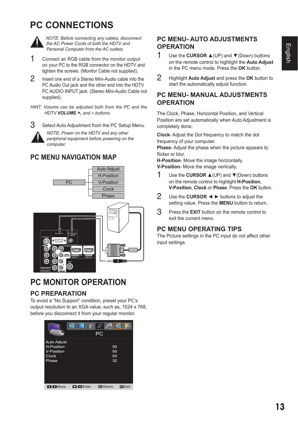 Pc connections, Pc monitor operation | Sanyo DP42410 User Manual | Page 13 / 29
