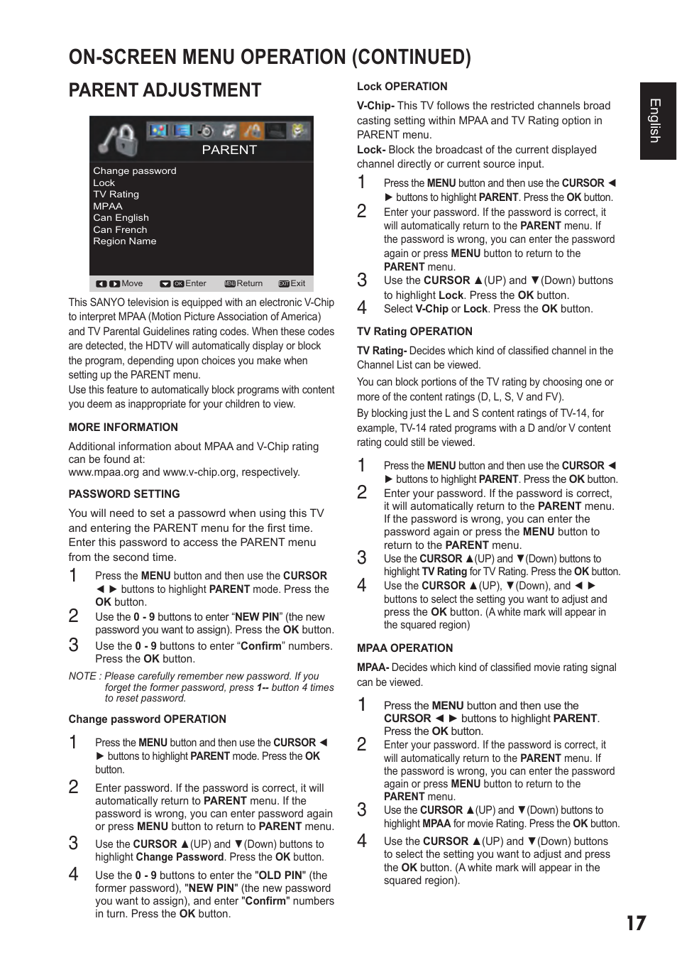 On-screen menu operation (continued), Parent adjustment | Sanyo DP42410 User Manual | Page 17 / 29