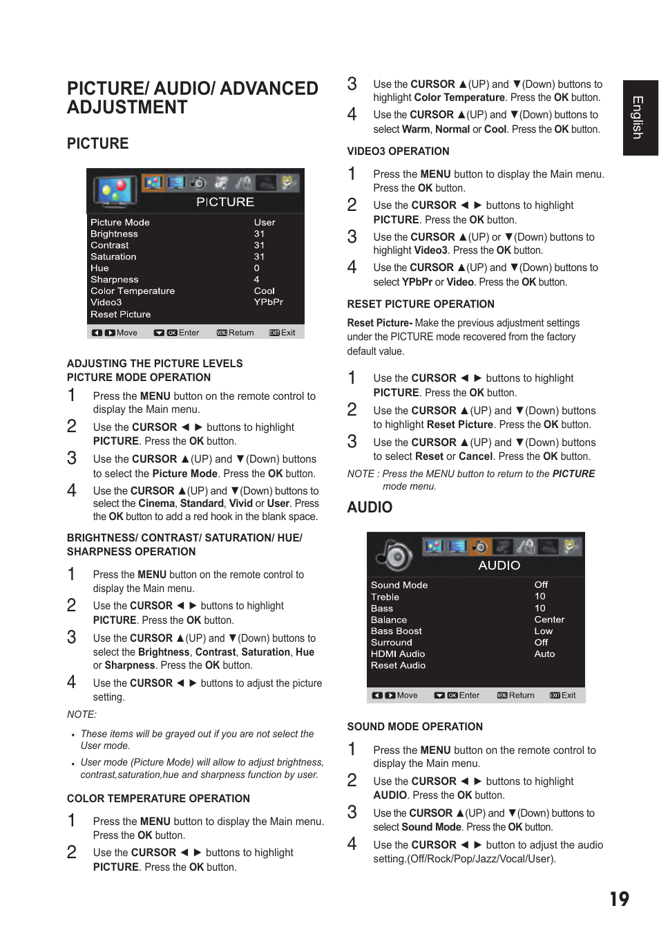 Picture/ audio/ advanced adjustment, Picture, Audio | Sanyo DP42410 User Manual | Page 19 / 29
