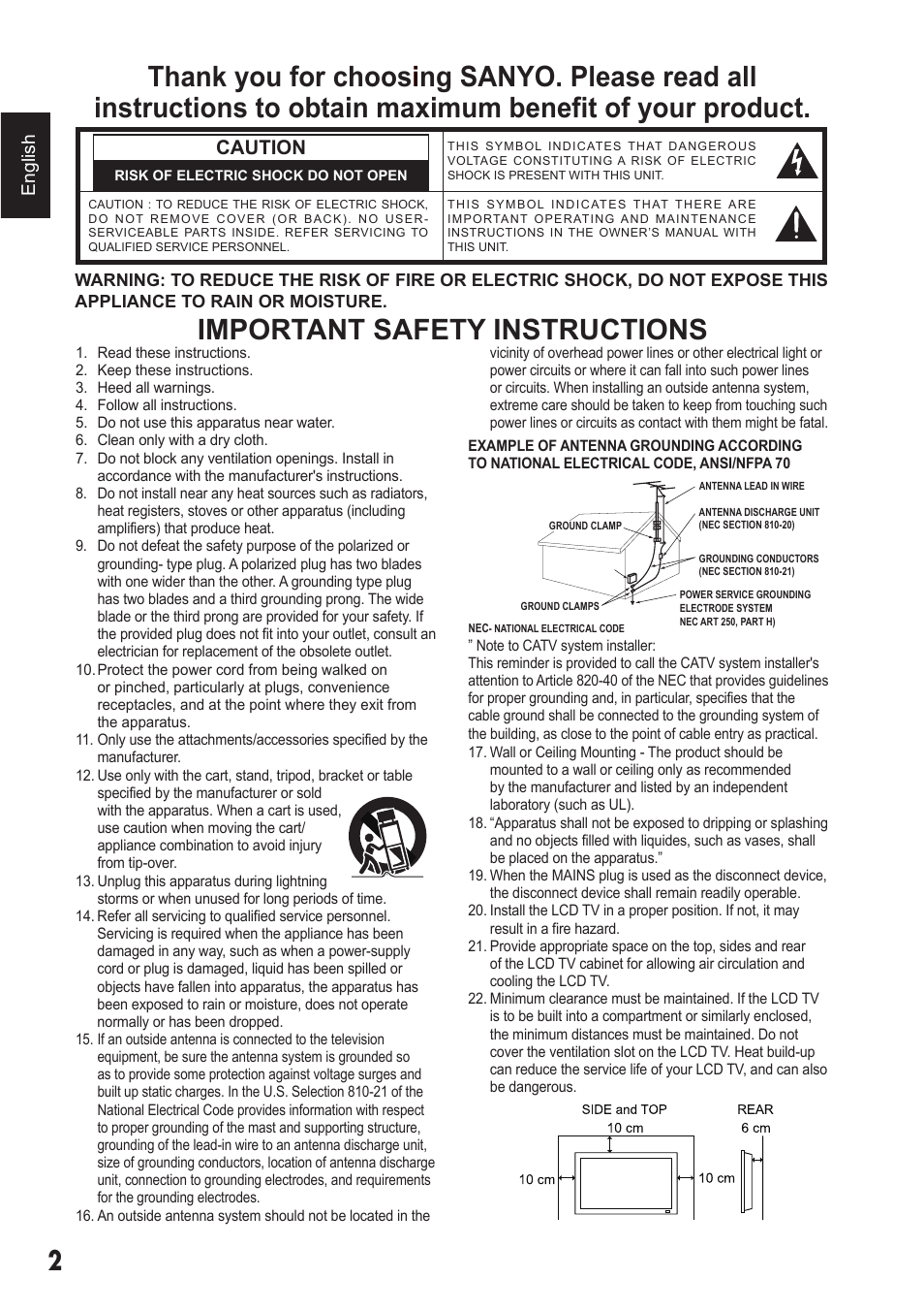 Important safety instructions, Caution | Sanyo DP42410 User Manual | Page 2 / 29