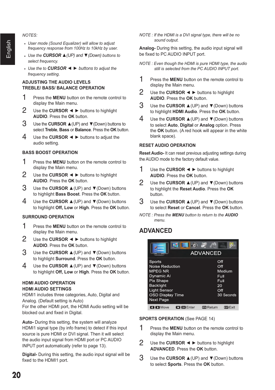 Advanced | Sanyo DP42410 User Manual | Page 20 / 29