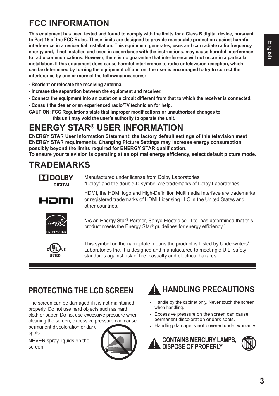 Fcc information, Energy star, User information | Trademarks, Protecting the lcd screen, Handling precautions | Sanyo DP42410 User Manual | Page 3 / 29