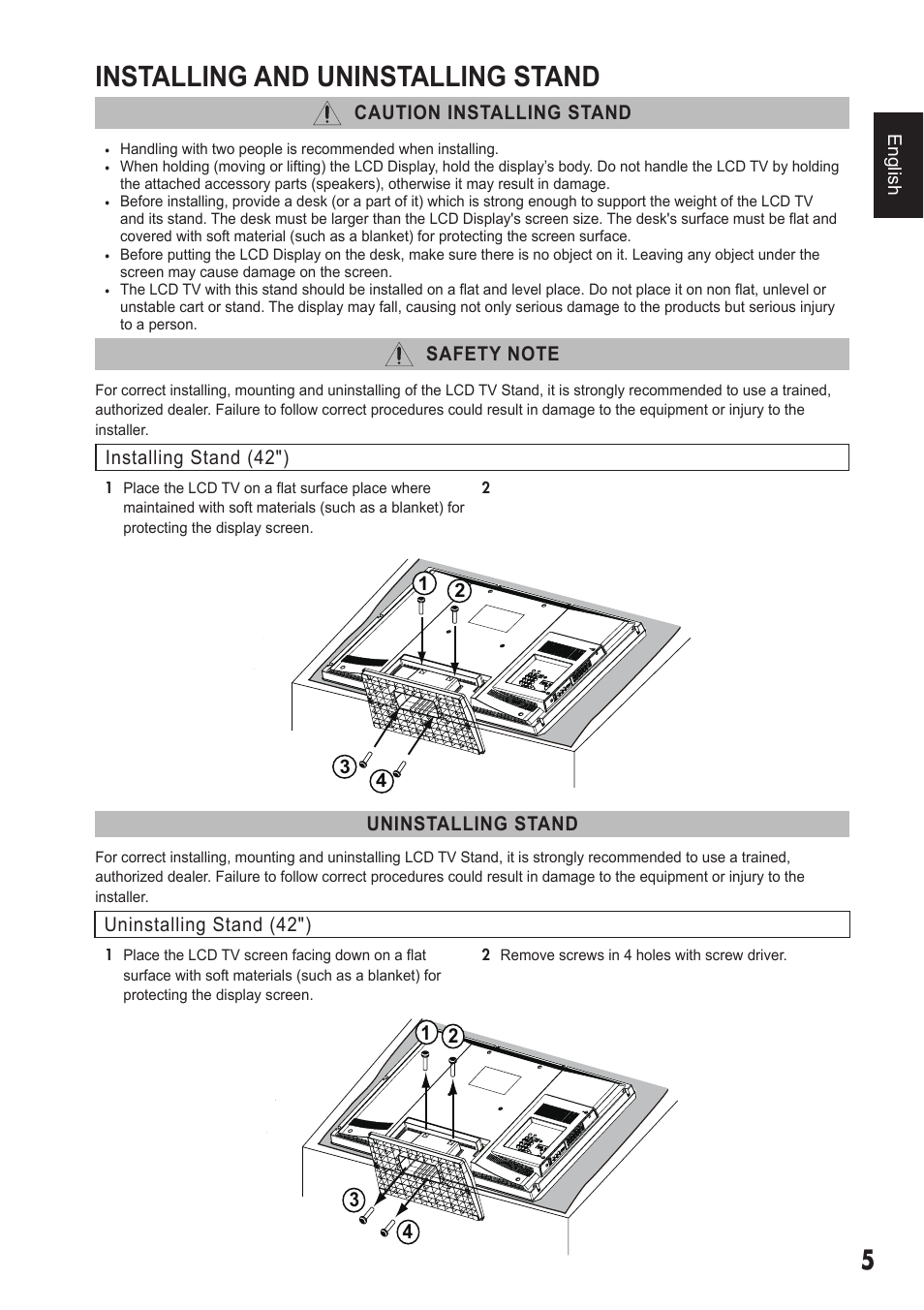 Installing and uninstalling stand | Sanyo DP42410 User Manual | Page 5 / 29