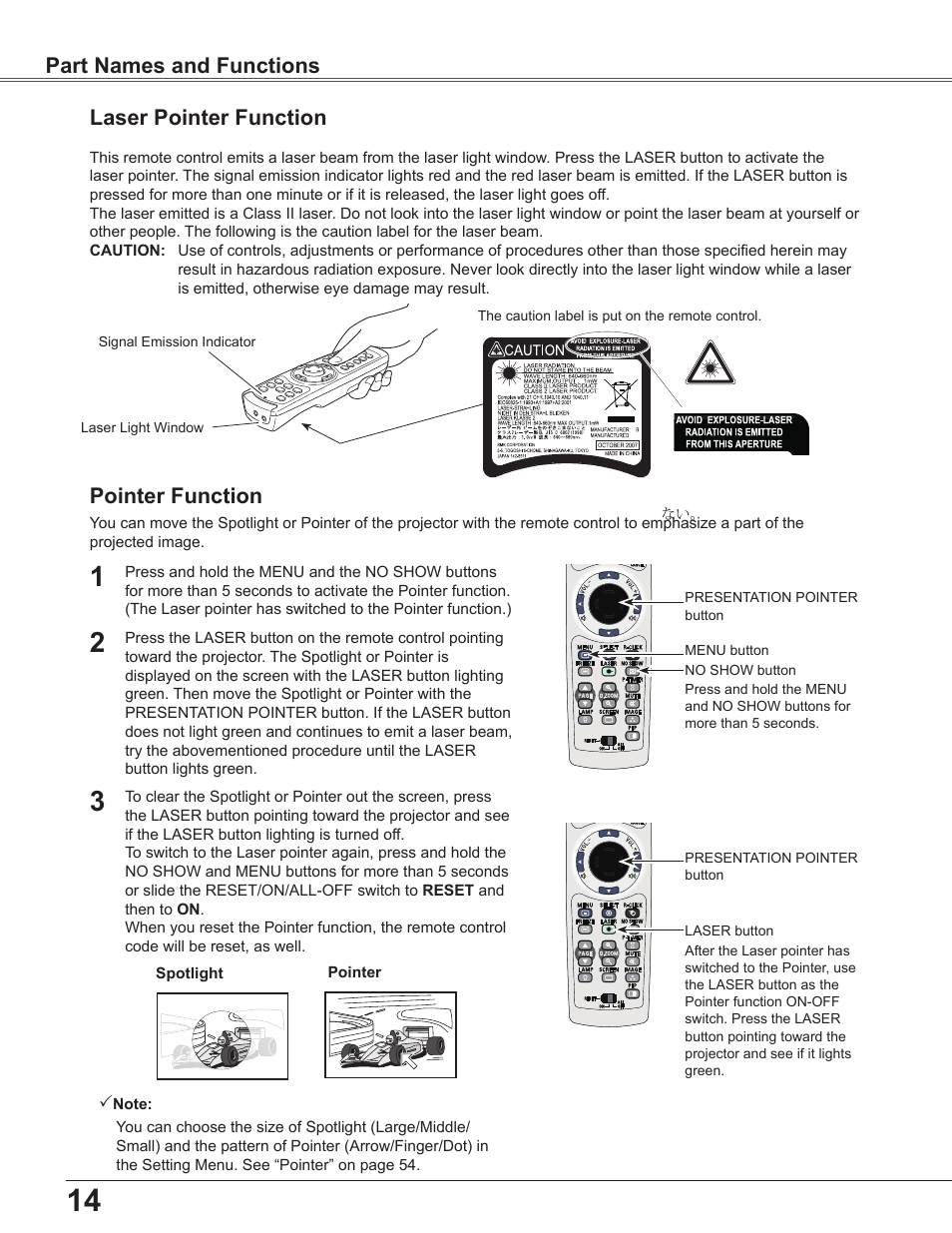 Laser pointer function, Pointer function, Part names and functions | Sanyo PLC WXU700A User Manual | Page 14 / 85