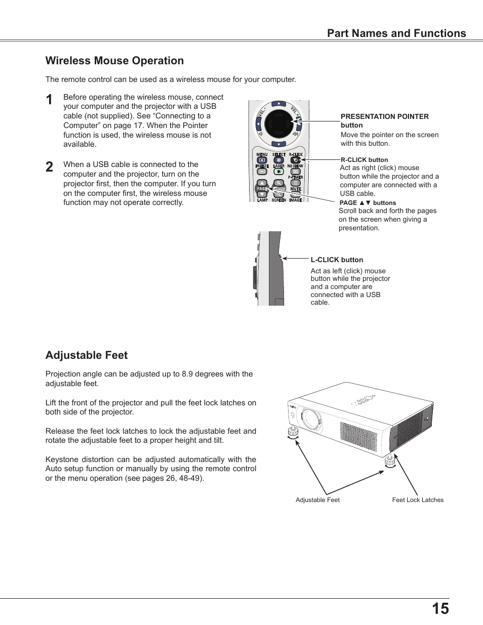 Wireless mouse operation, Adjustable feet, Part names and functions adjustable feet | Sanyo PLC WXU700A User Manual | Page 15 / 85