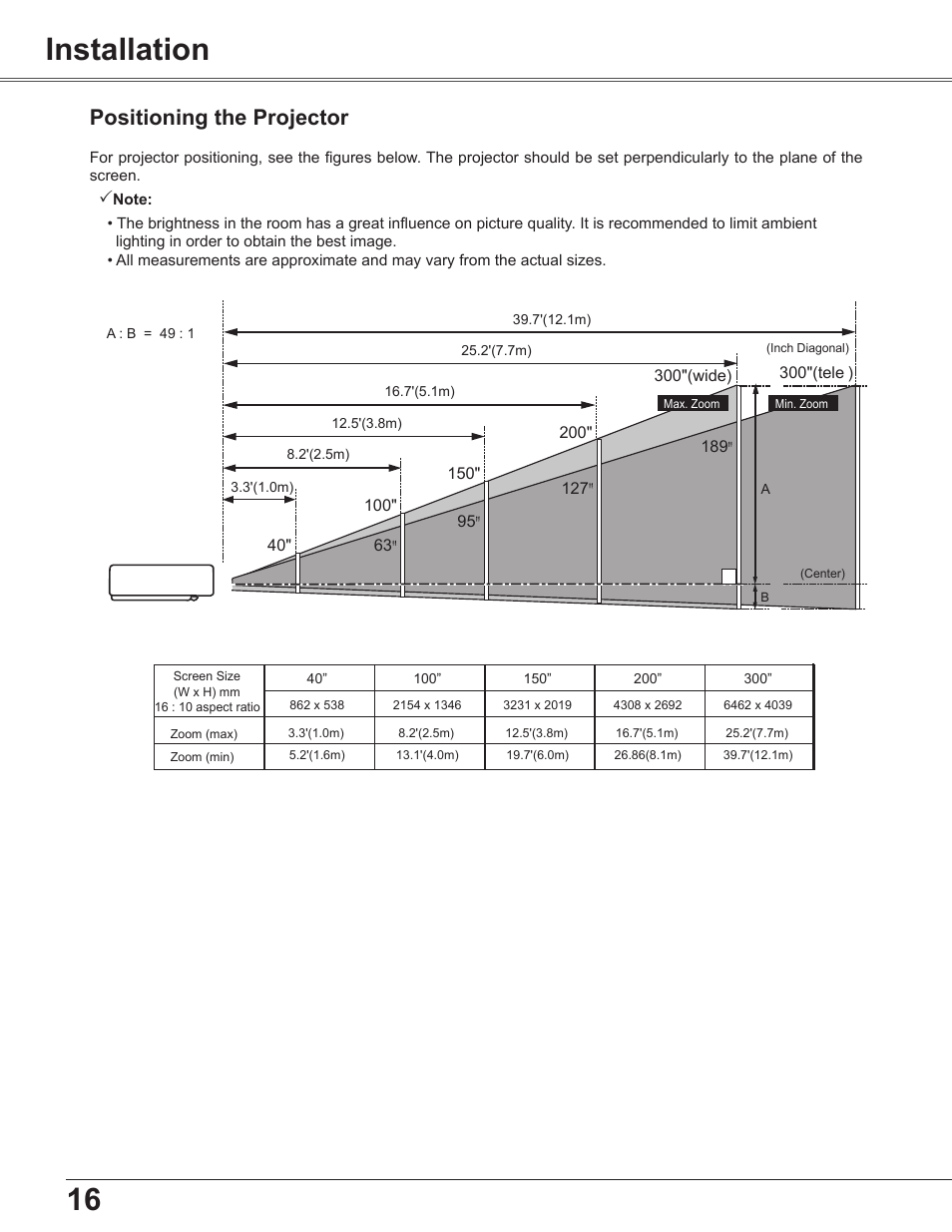 Installation, Positioning the projector | Sanyo PLC WXU700A User Manual | Page 16 / 85