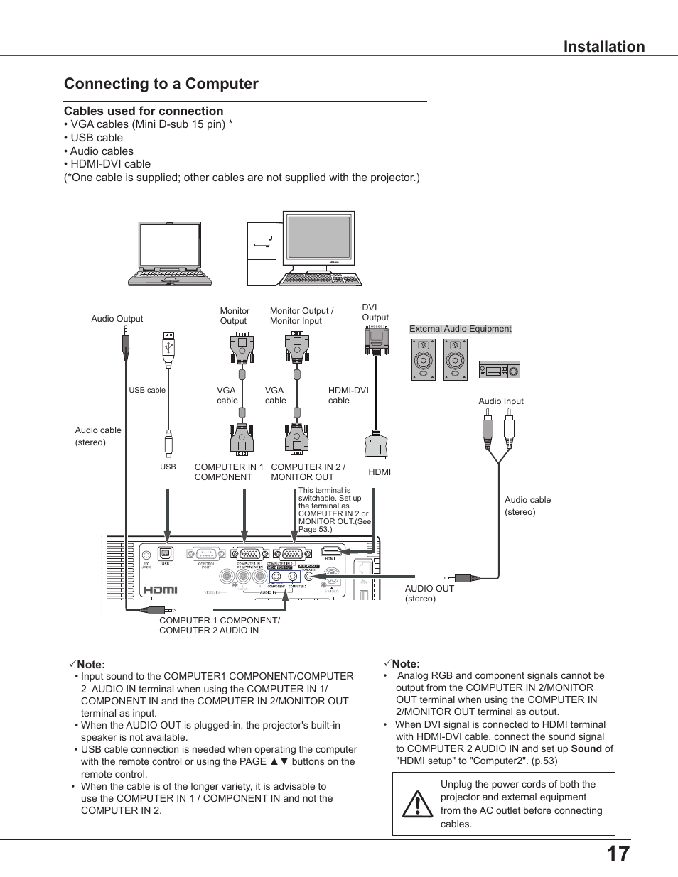 Connecting to a computer, 17 installation, Installation connecting to a computer | Sanyo PLC WXU700A User Manual | Page 17 / 85