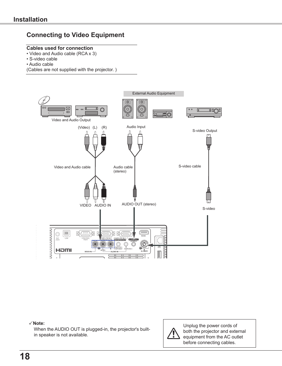 Connecting to video equipment, Installation connecting to video equipment | Sanyo PLC WXU700A User Manual | Page 18 / 85