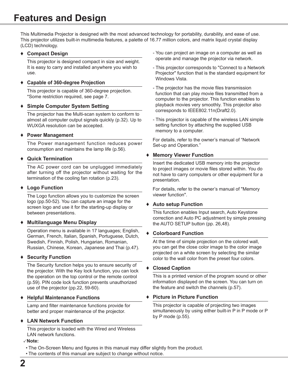 Features and design | Sanyo PLC WXU700A User Manual | Page 2 / 85