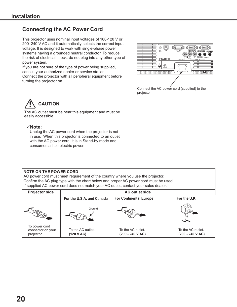 Connecting the ac power cord, Installation connecting the ac power cord | Sanyo PLC WXU700A User Manual | Page 20 / 85