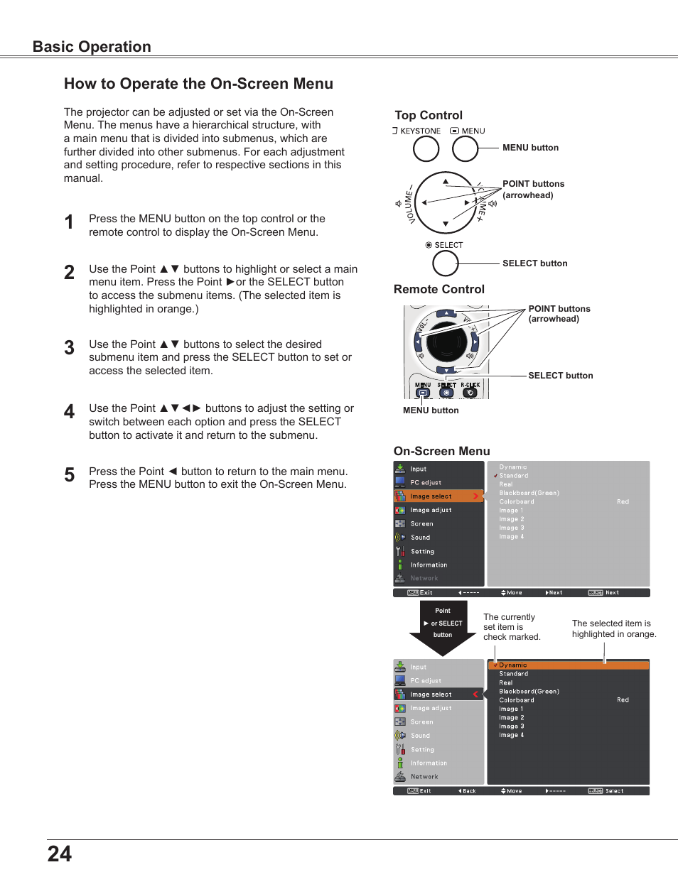 How to operate the on-screen menu, Basic operation how to operate the on-screen menu | Sanyo PLC WXU700A User Manual | Page 24 / 85