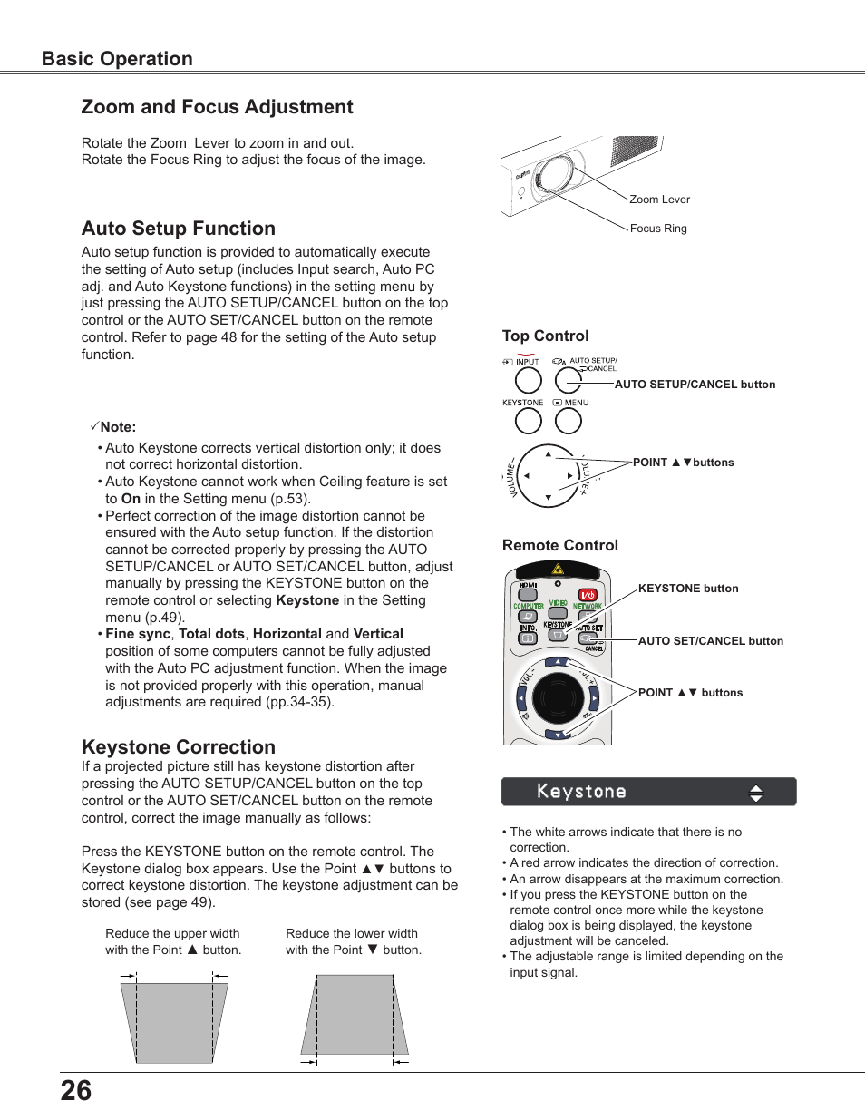 Zoom and focus adjustment, Auto setup function, Keystone correction | Basic operation | Sanyo PLC WXU700A User Manual | Page 26 / 85