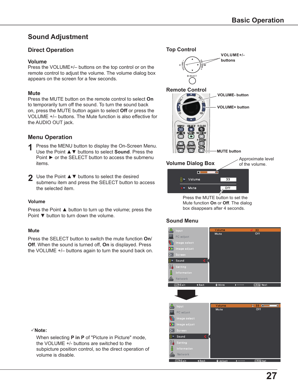 Sound adjustment, Basic operation | Sanyo PLC WXU700A User Manual | Page 27 / 85