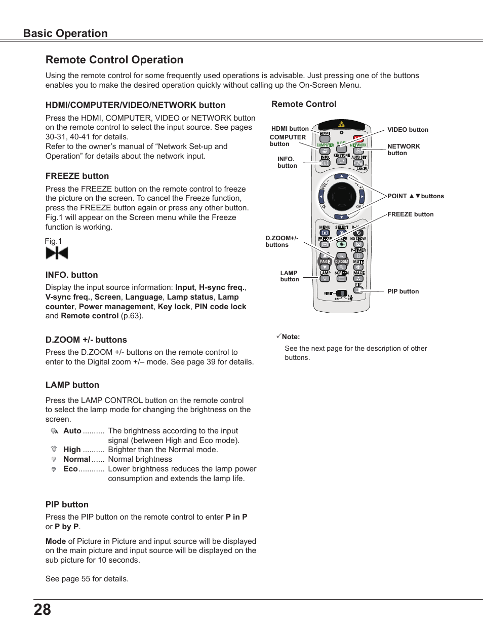 Remote control operation, Basic operation remote control operation | Sanyo PLC WXU700A User Manual | Page 28 / 85