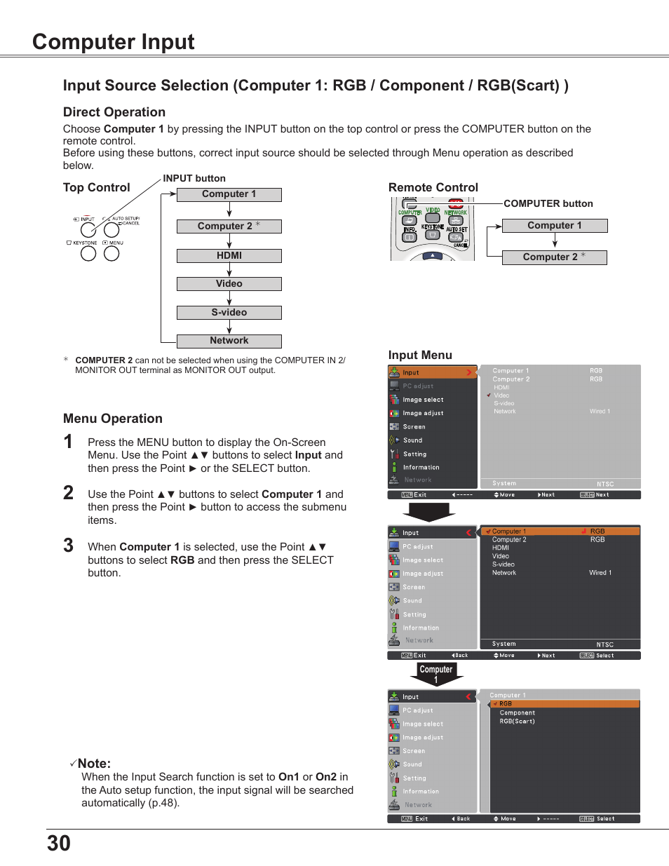 Computer input, Input source selection (computer 1: rgb, Component / rgb(scart)) | Sanyo PLC WXU700A User Manual | Page 30 / 85