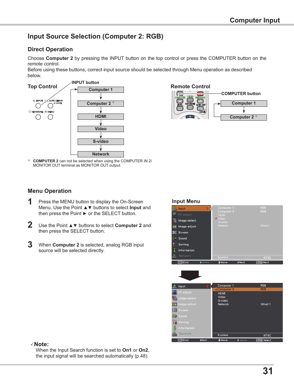 Input source selection (computer 2: rgb), Computer input, Input source selection (computer : rgb) | Sanyo PLC WXU700A User Manual | Page 31 / 85