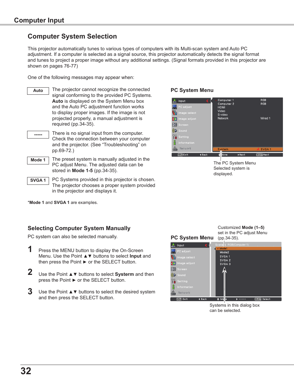 Computer system selection, Computer input | Sanyo PLC WXU700A User Manual | Page 32 / 85