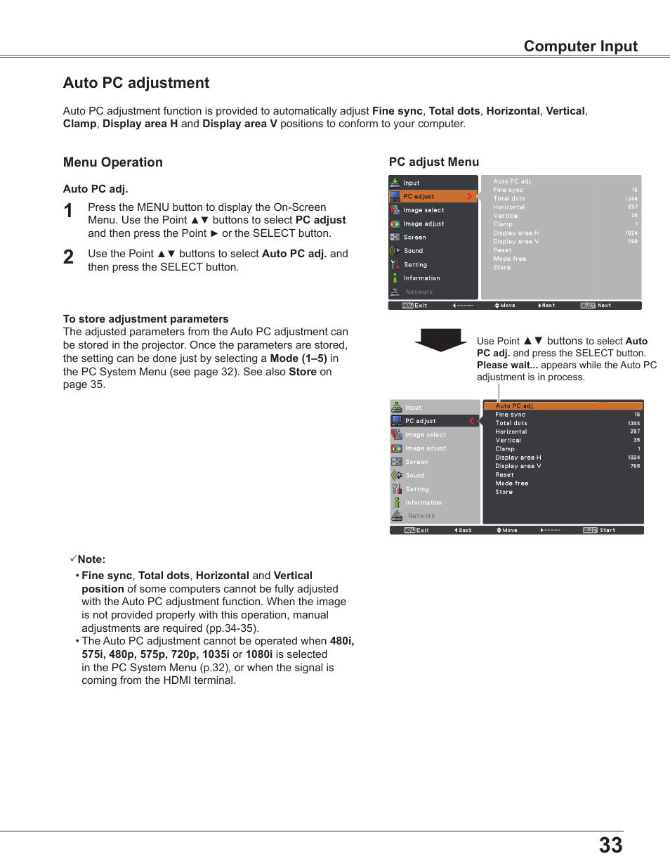 Auto pc adjustment, Computer input | Sanyo PLC WXU700A User Manual | Page 33 / 85