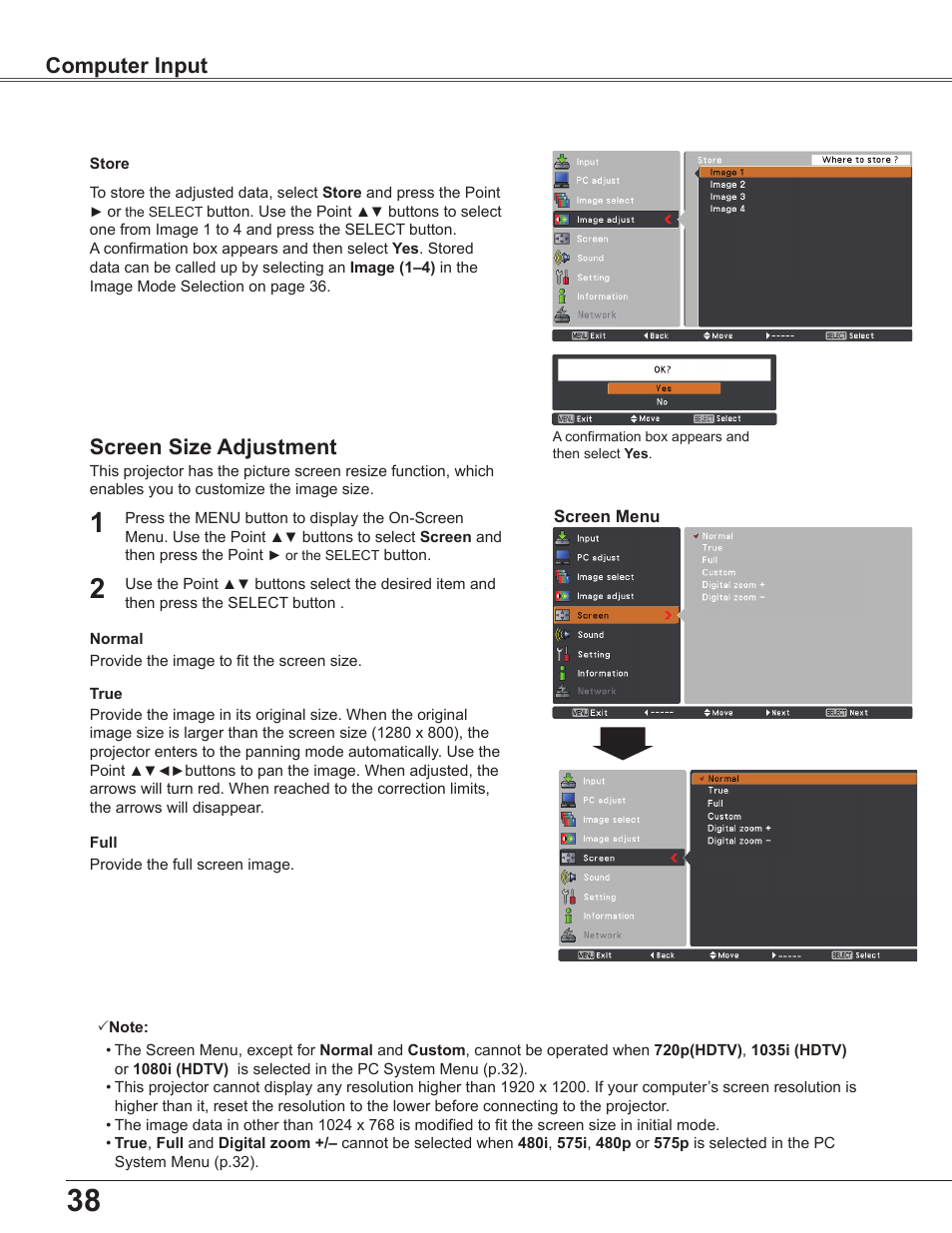 Screen size adjustment, Computer input | Sanyo PLC WXU700A User Manual | Page 38 / 85