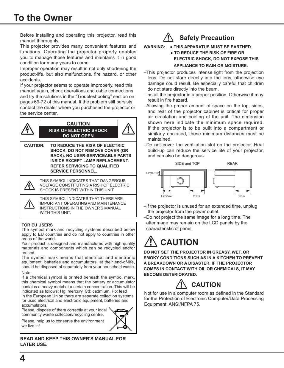 To the owner, 4to the owner, Caution | Safety precaution | Sanyo PLC WXU700A User Manual | Page 4 / 85