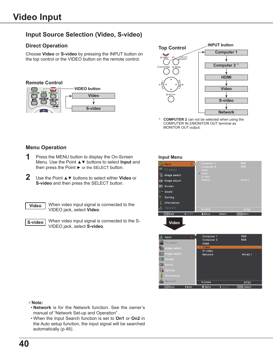 Video input, Input source selection (video, s-video) | Sanyo PLC WXU700A User Manual | Page 40 / 85