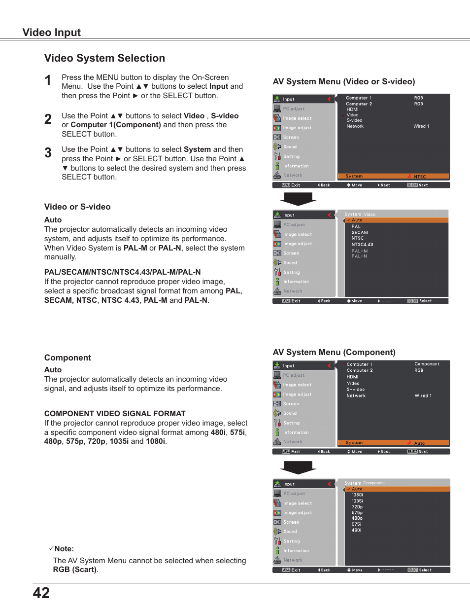 Video system selection, Video input video system selection | Sanyo PLC WXU700A User Manual | Page 42 / 85