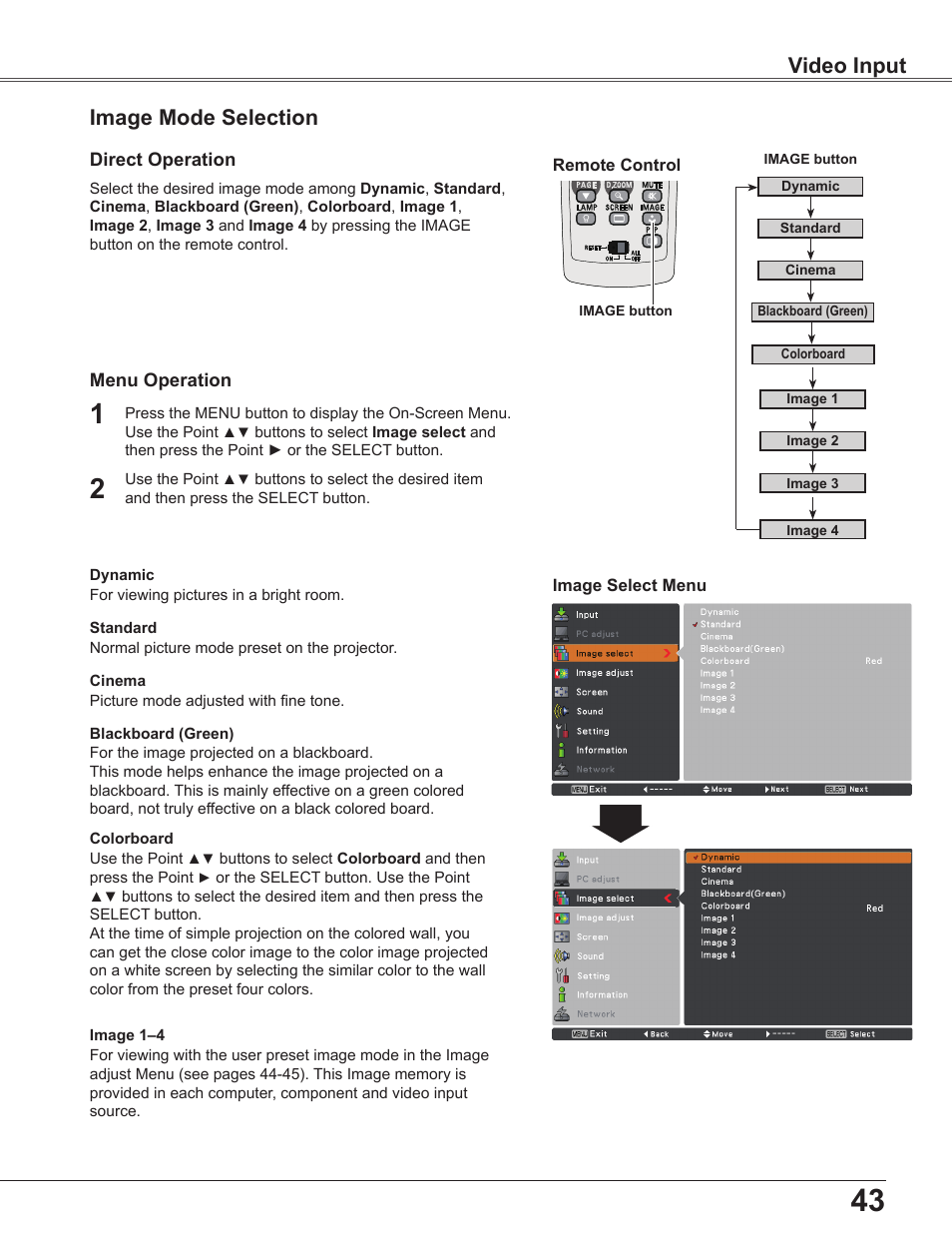 Image mode selection, Video input | Sanyo PLC WXU700A User Manual | Page 43 / 85