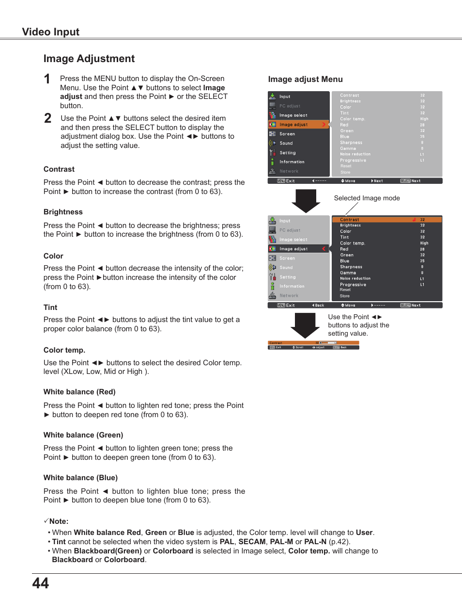 Image adjustment, Video input image adjustment | Sanyo PLC WXU700A User Manual | Page 44 / 85