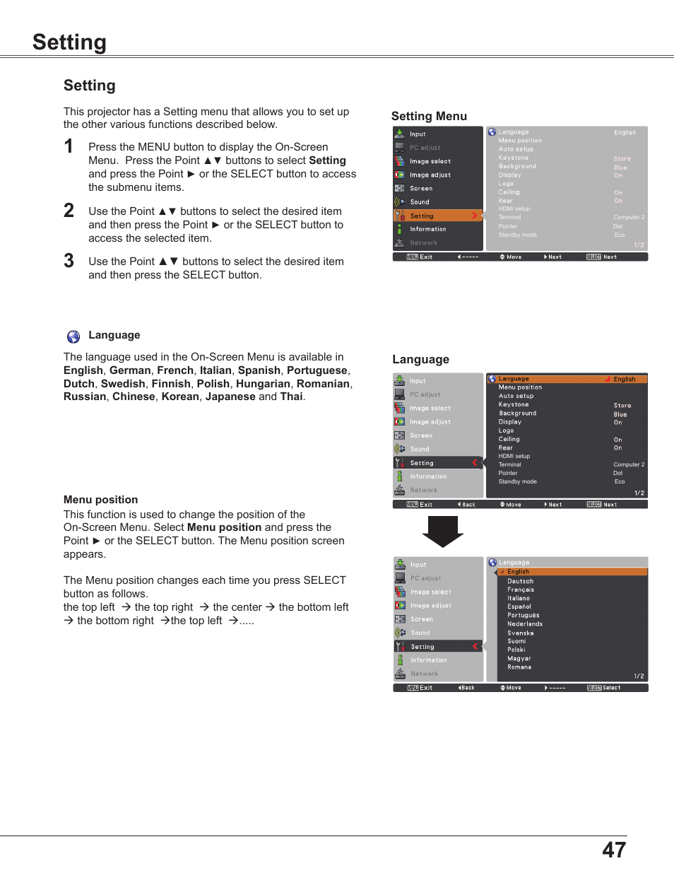 Setting | Sanyo PLC WXU700A User Manual | Page 47 / 85