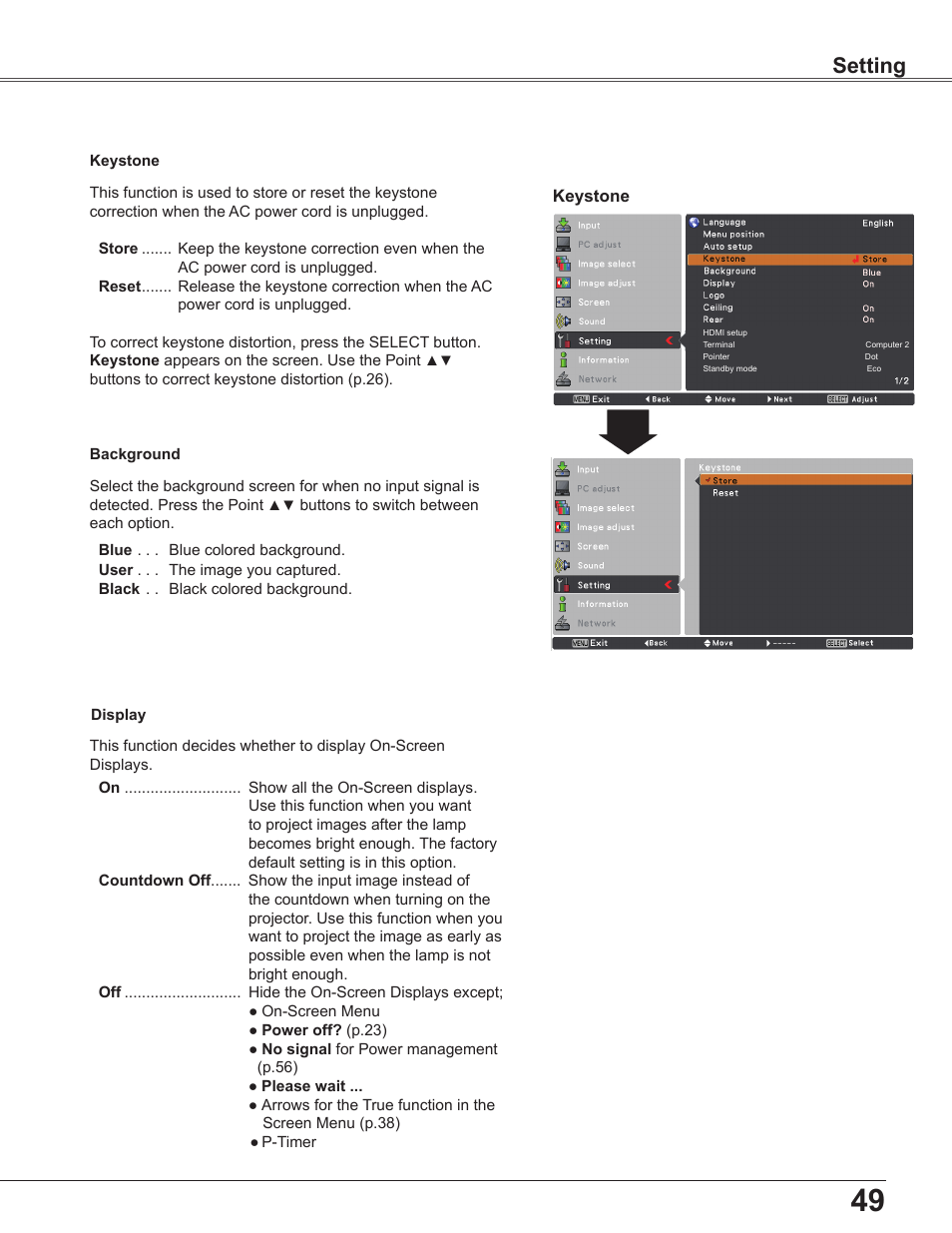 Setting | Sanyo PLC WXU700A User Manual | Page 49 / 85