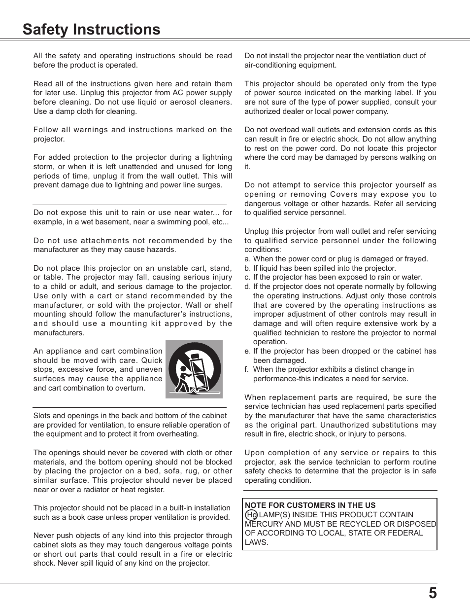 Safety instructions, 5safety instructions | Sanyo PLC WXU700A User Manual | Page 5 / 85