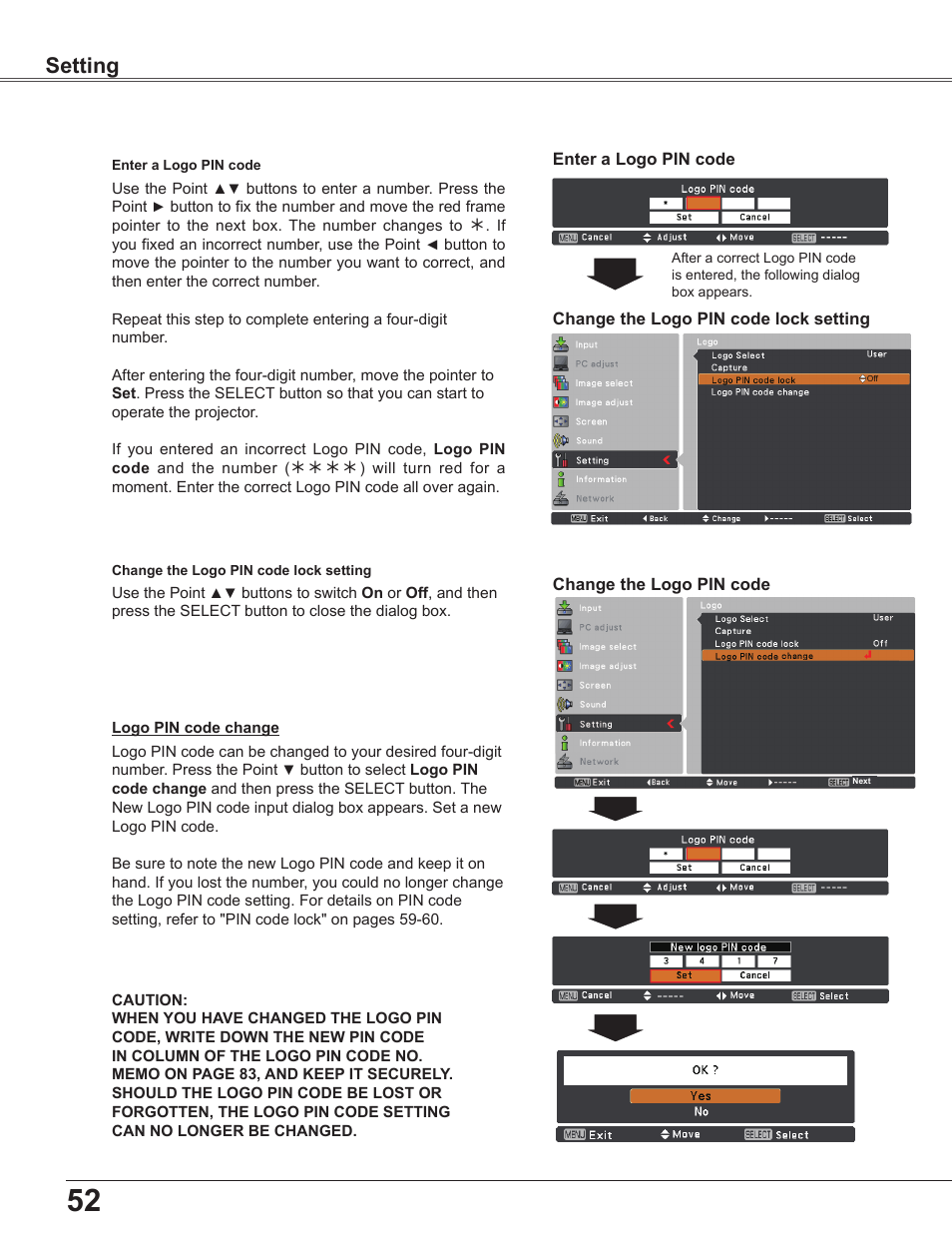 Setting | Sanyo PLC WXU700A User Manual | Page 52 / 85