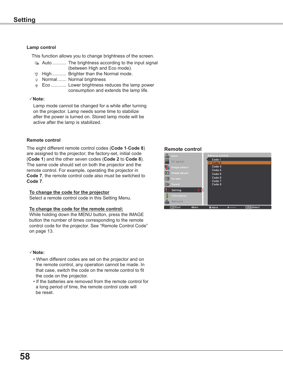 Setting | Sanyo PLC WXU700A User Manual | Page 58 / 85