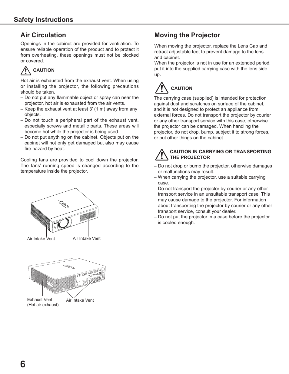 Air circulation, Moving the projector, Safety instructions | Sanyo PLC WXU700A User Manual | Page 6 / 85