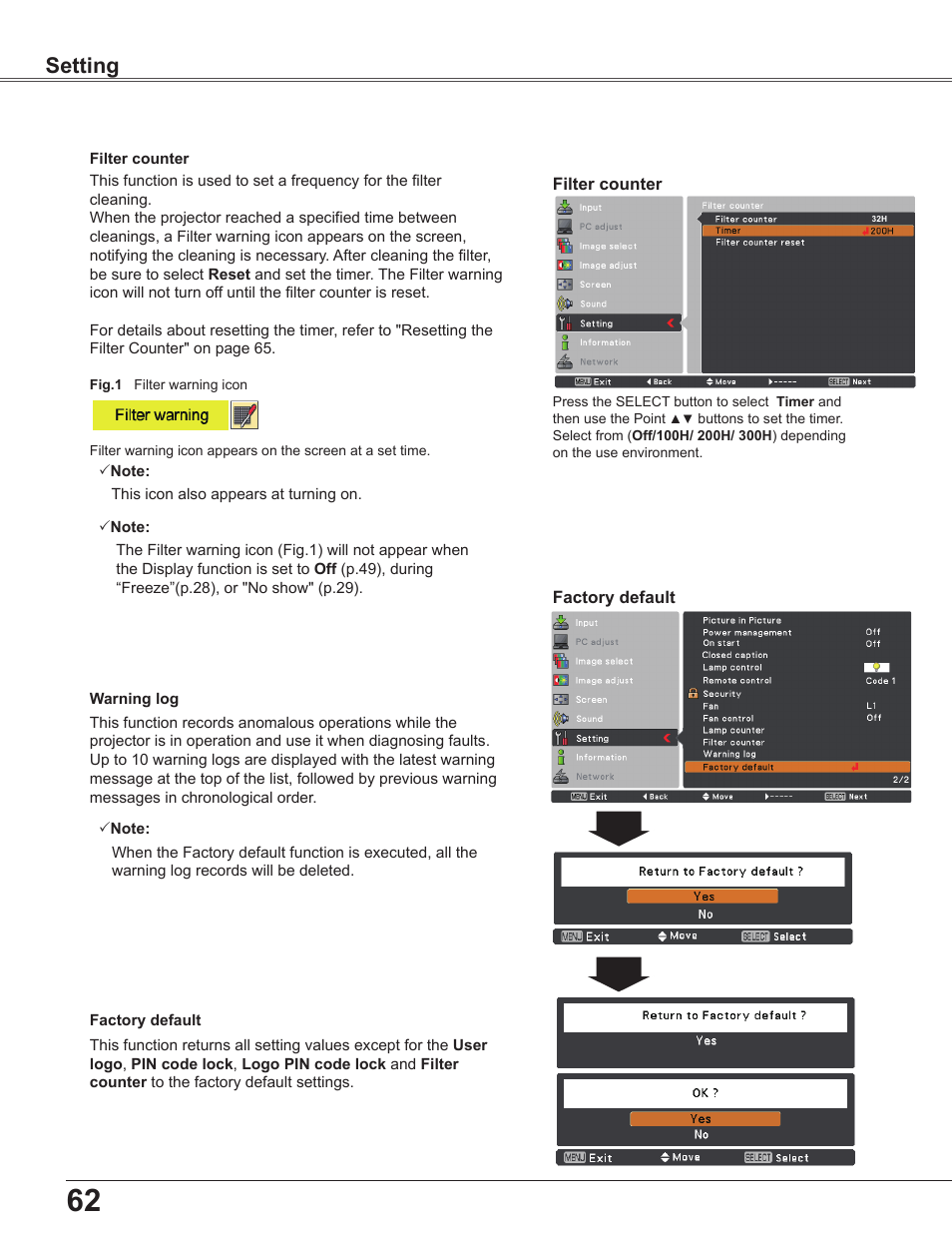 Setting | Sanyo PLC WXU700A User Manual | Page 62 / 85