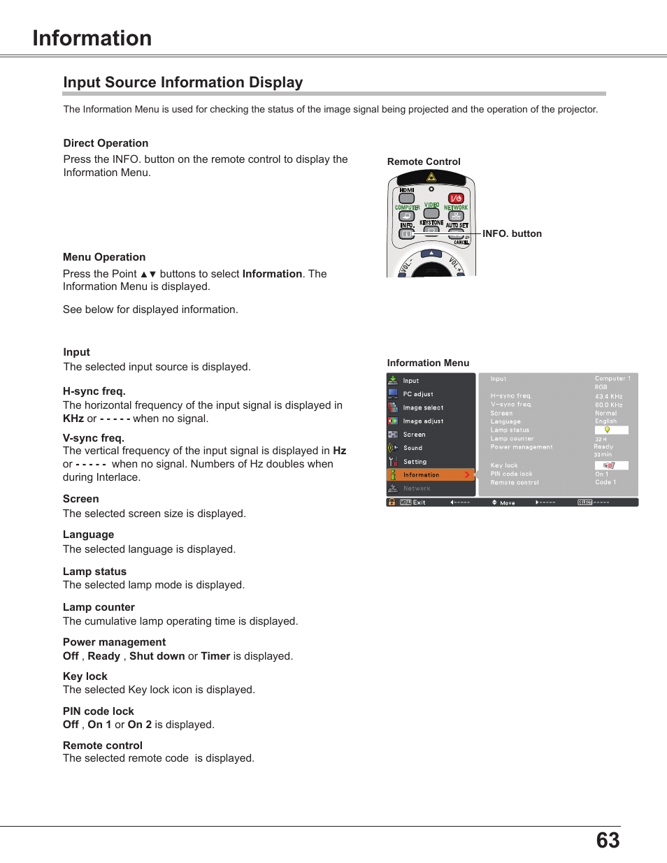 Information, Input source information display | Sanyo PLC WXU700A User Manual | Page 63 / 85