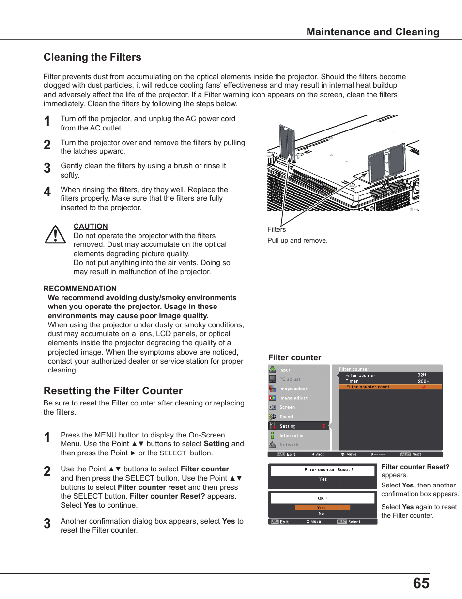 Cleaning the filters, Resetting the filter counter, Maintenance and cleaning | Sanyo PLC WXU700A User Manual | Page 65 / 85