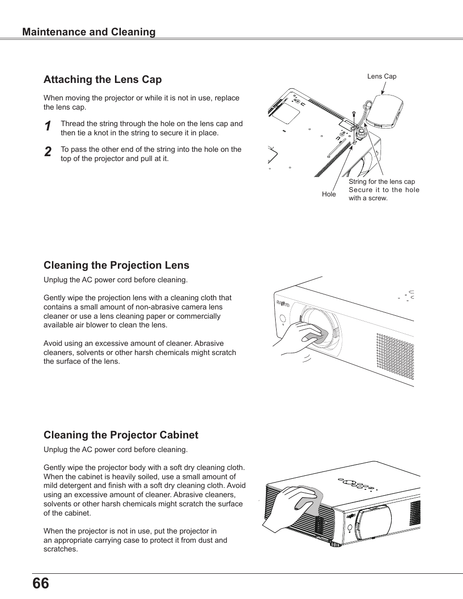 Attaching the lens cap, Cleaning the projection lens, Cleaning the projector cabinet | Sanyo PLC WXU700A User Manual | Page 66 / 85