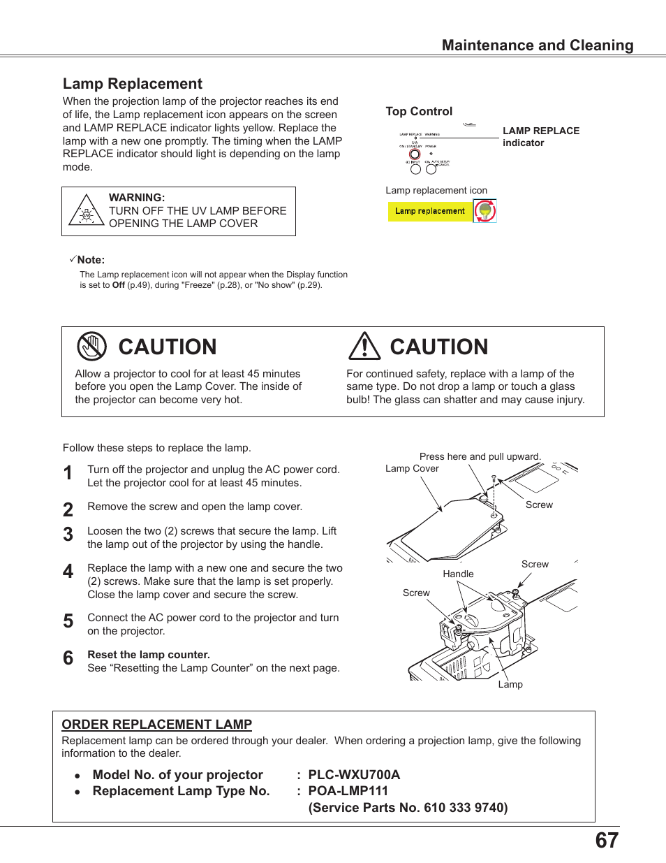 Lamp replacement, Caution, Maintenance and cleaning | Sanyo PLC WXU700A User Manual | Page 67 / 85