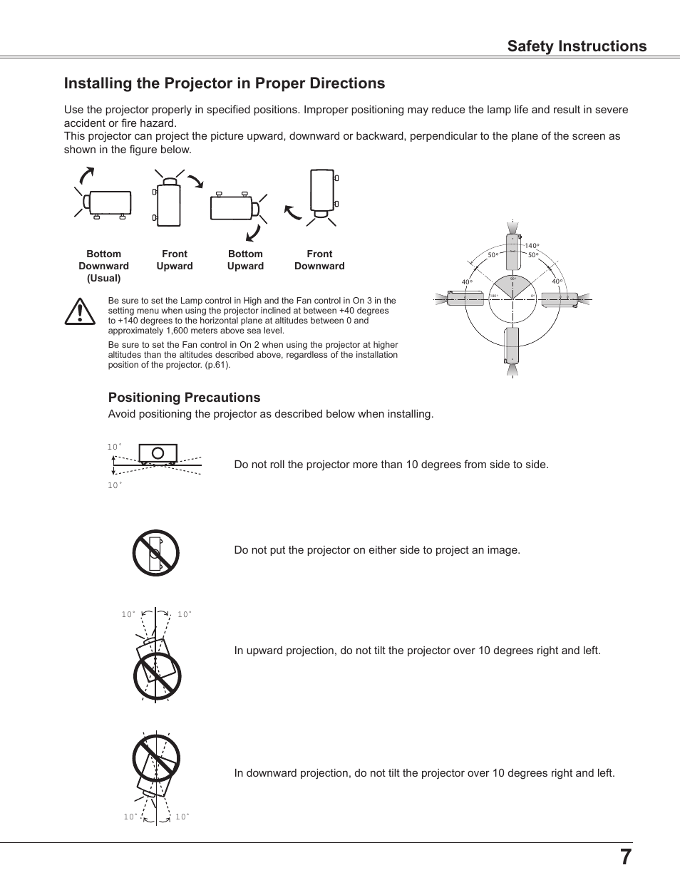 Installing the projector in proper directions, Safety instructions, Positioning precautions | Sanyo PLC WXU700A User Manual | Page 7 / 85