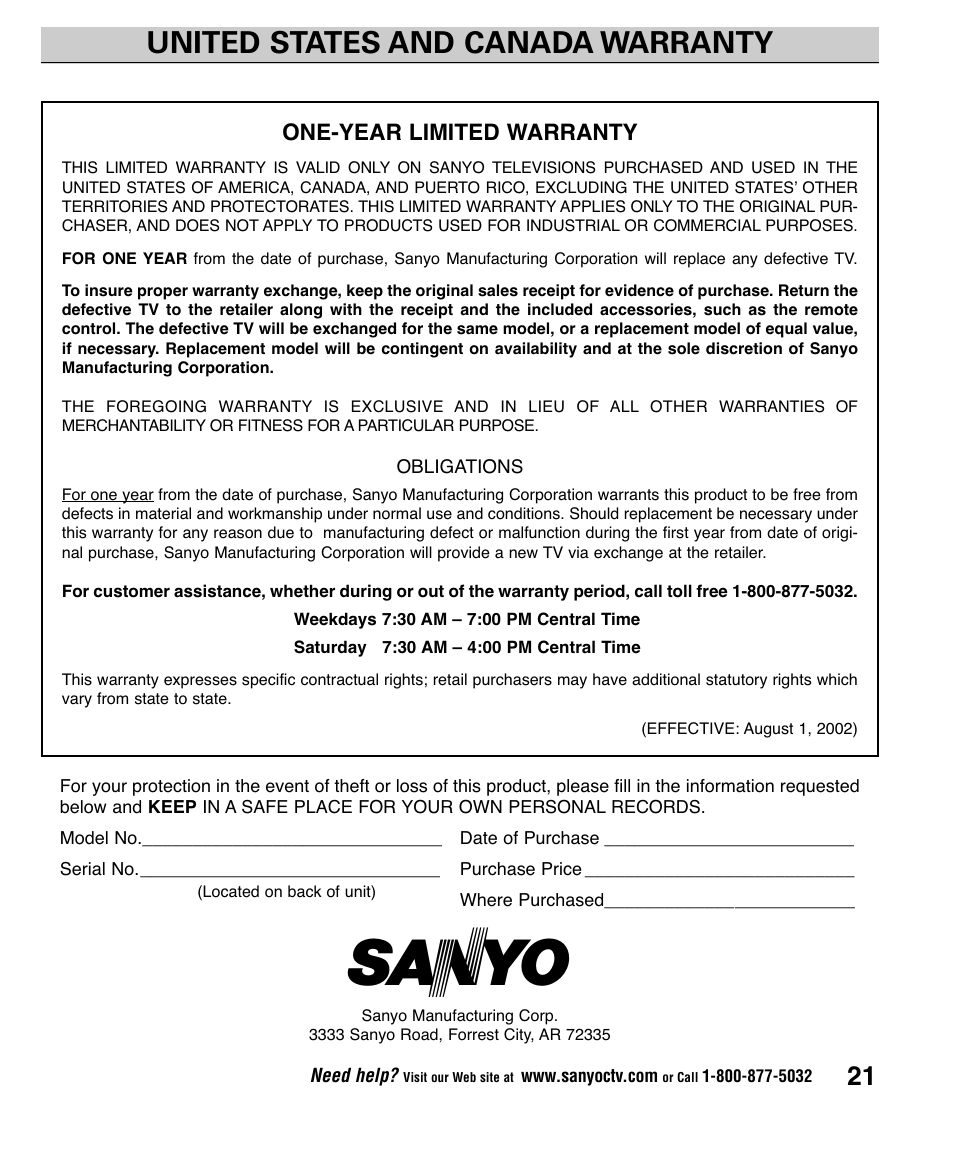 United states and canada warranty | Sanyo CLT1554 User Manual | Page 21 / 60