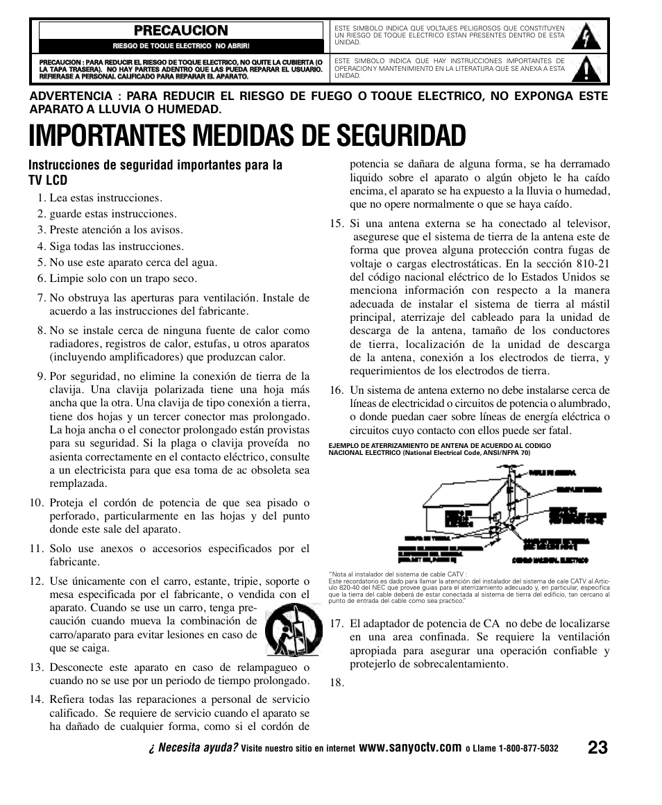 Importantes medidas de seguridad, Ppr re ec ca au uc ciio on n, Necesita ayuda | Sanyo CLT1554 User Manual | Page 23 / 60