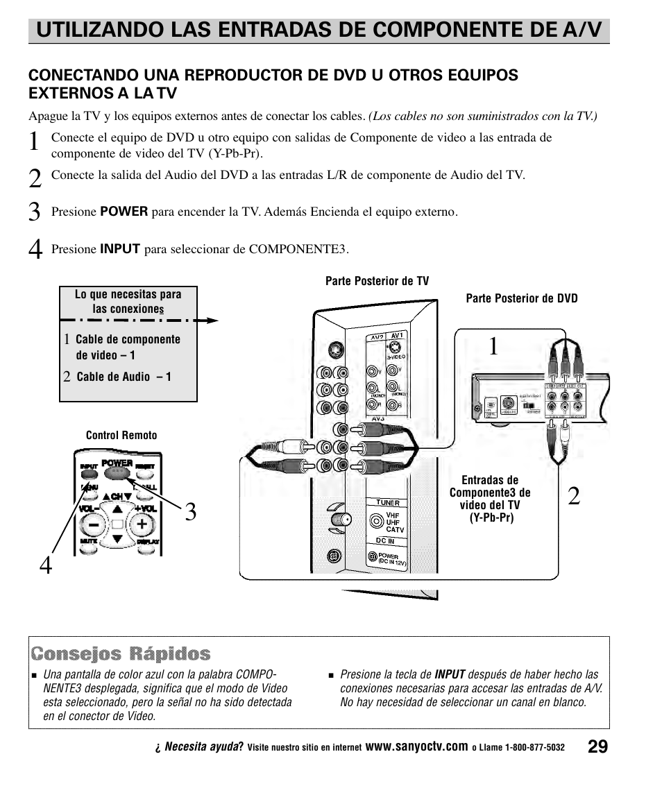 Utilizando las entradas de componente de a/v | Sanyo CLT1554 User Manual | Page 29 / 60