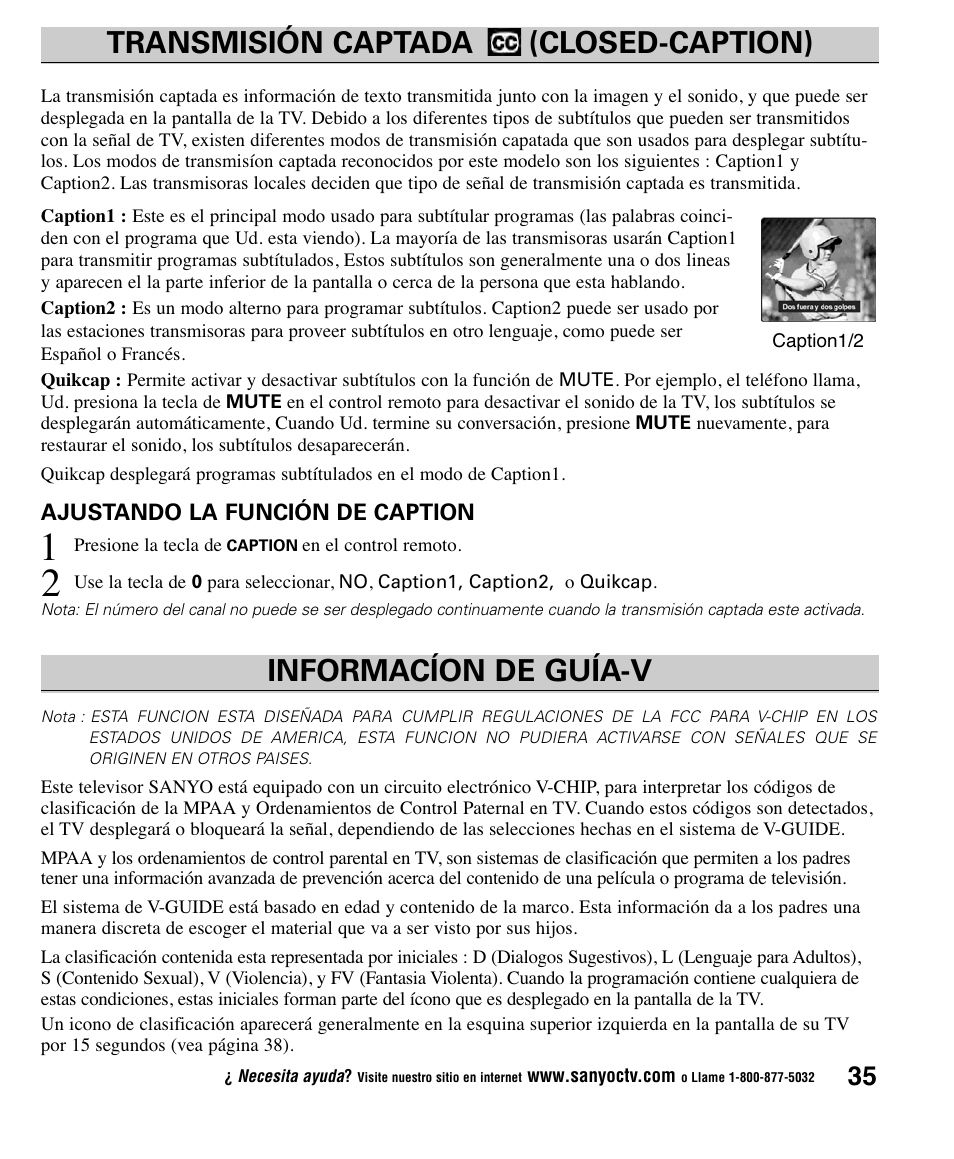 Informacíon de guía-v, Transmisión captada (closed-caption) | Sanyo CLT1554 User Manual | Page 35 / 60