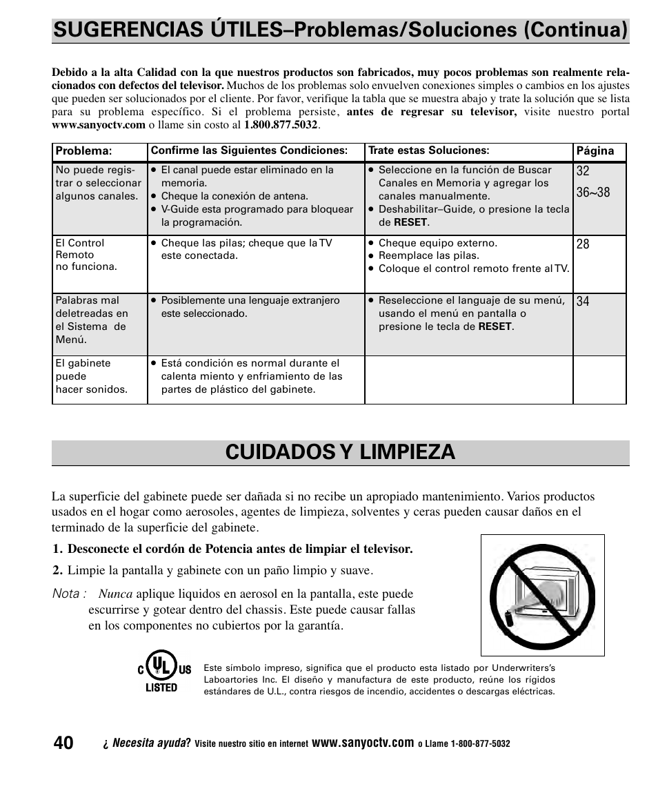 Cuidados y limpieza, Sugerencias útiles–problemas/soluciones (continua), Nota | Sanyo CLT1554 User Manual | Page 40 / 60