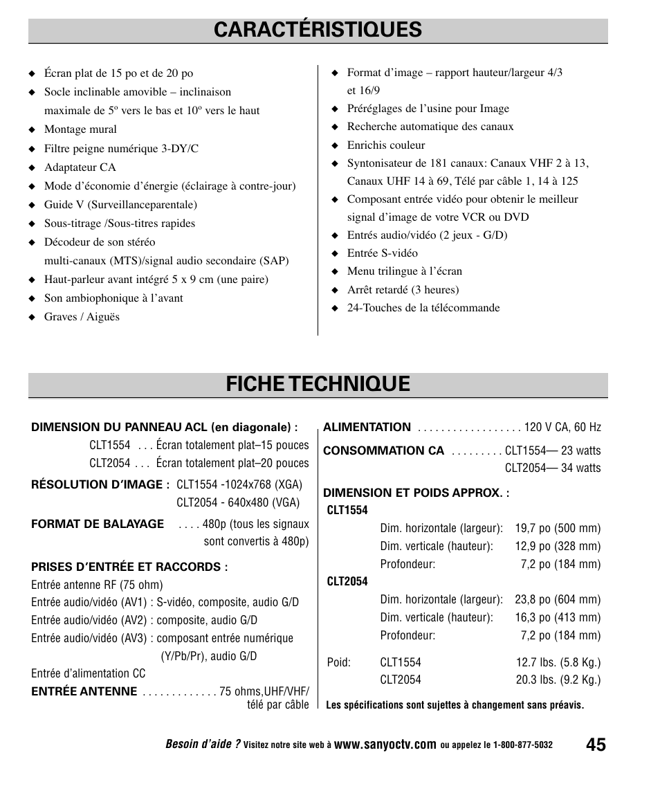 Caractéristiques fiche technique | Sanyo CLT1554 User Manual | Page 45 / 60